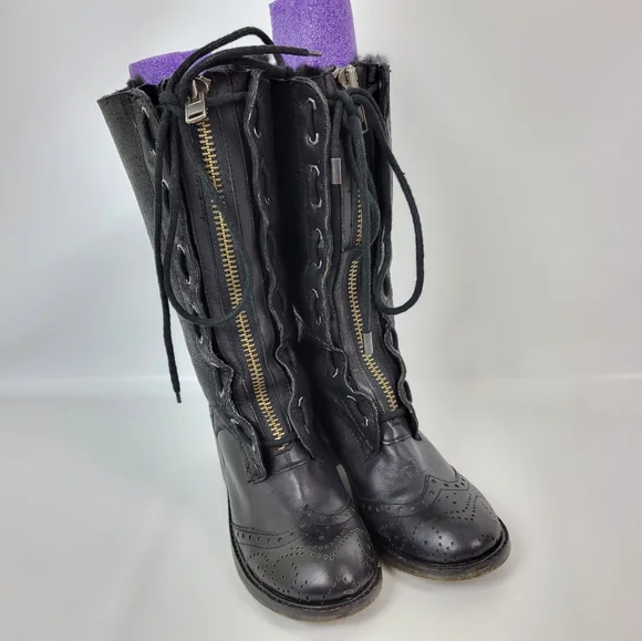 Kelsie Dagger Leather Sheepskin Sherling Lined Zippered Lace-up Boots Sz 6.5 - Picture 2 of 12